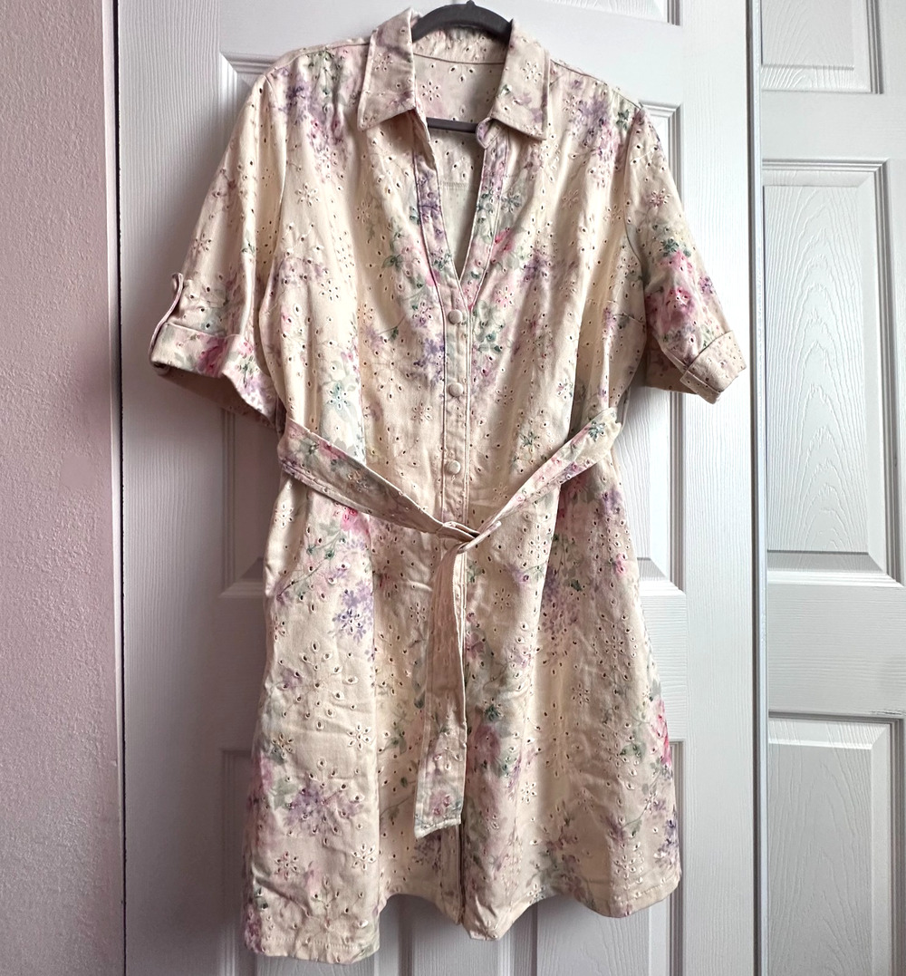Solitaire Plus Size 1X Cream Floral Eyelet Denim Button Up Shirt Dress Cottage